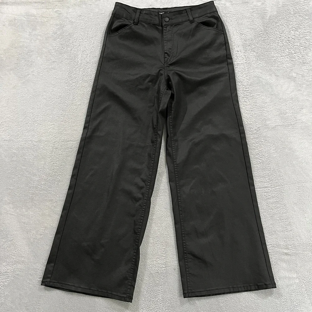 OAT New York High Rise Wide Leg Pants 10 30 Black Coated Stretch Grunge Goth Y2K